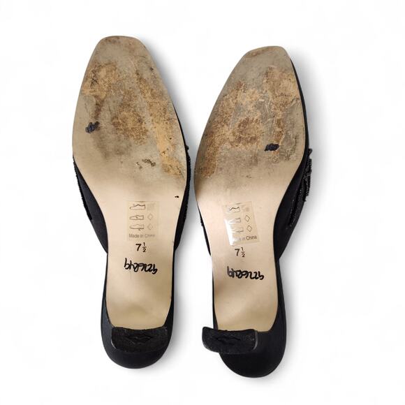 Vintage Y2K Bisou Bisou Black Beaded Kitten Heel Mules Slip-On Evening Shoes 7.5 - Picture 2 of 12